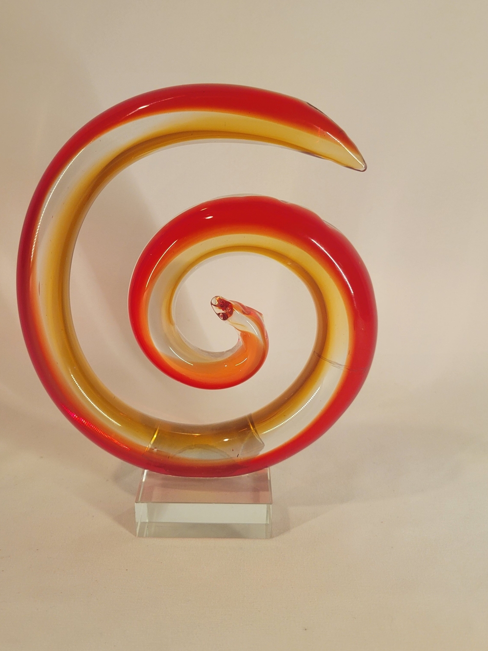 Vintage Art Glass Spiral Sculpture Red Amber Ribbon Swirl Clear Block Base 7.5"